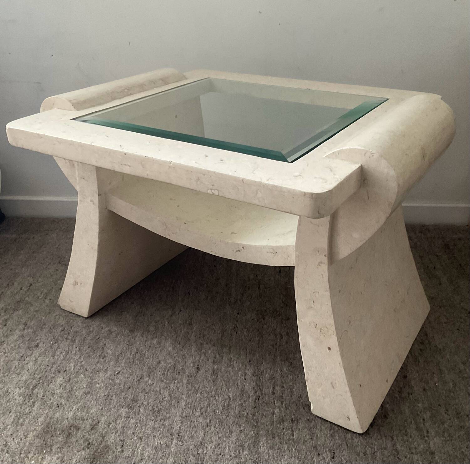 Vintage travertine and beveled glass coffee table