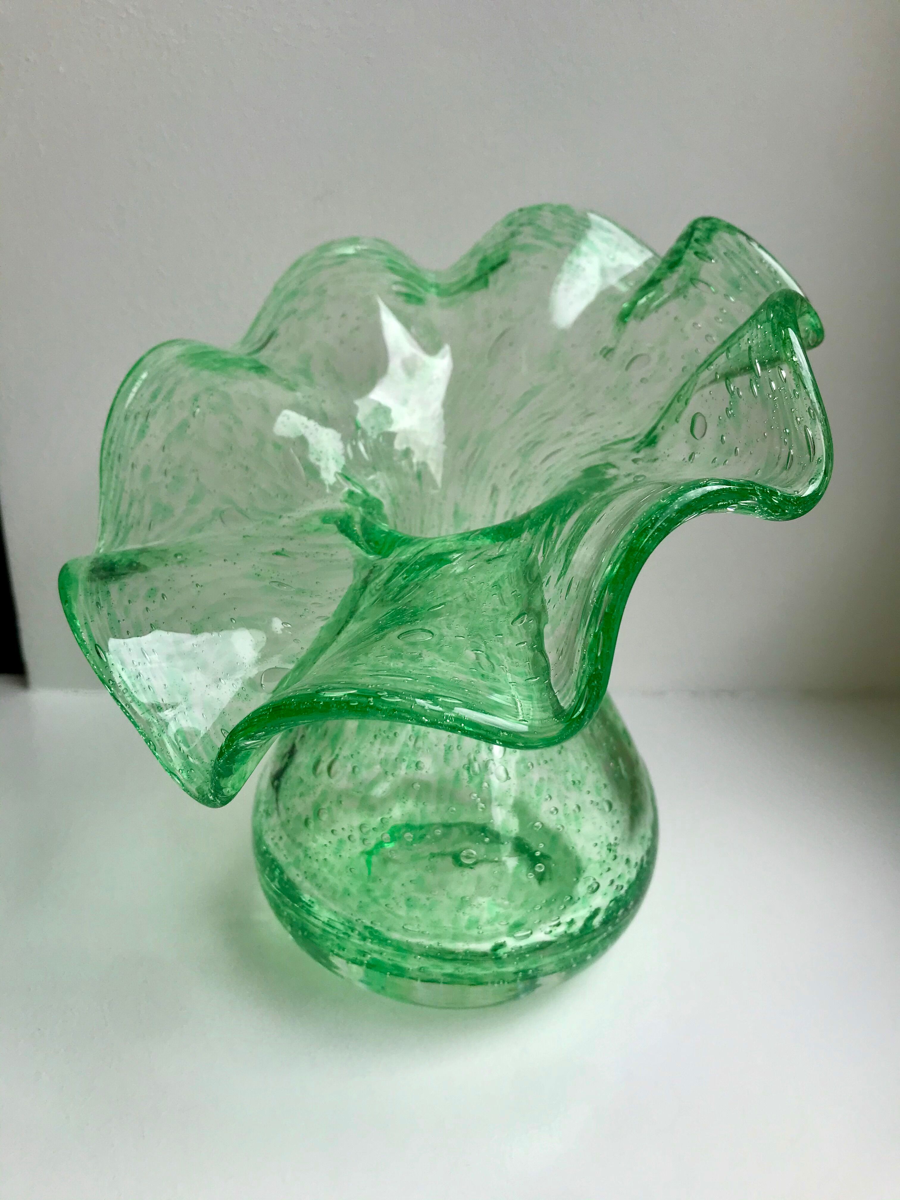 Biot bubbled glass corolla vase signed Riom vert years 60-70