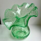 Biot bubbled glass corolla vase signed Riom vert years 60-70