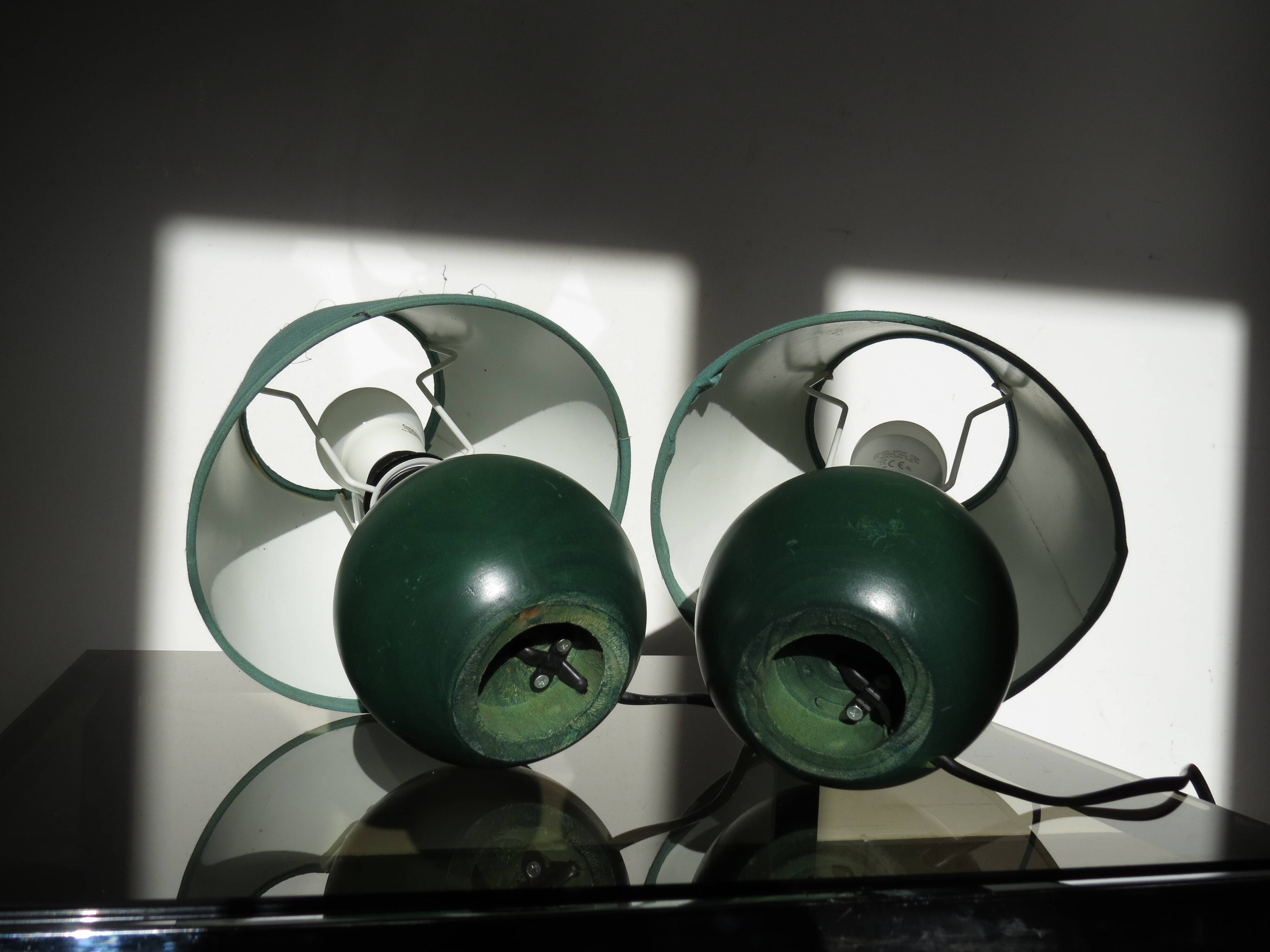 Pair of small green wooden ball lamps