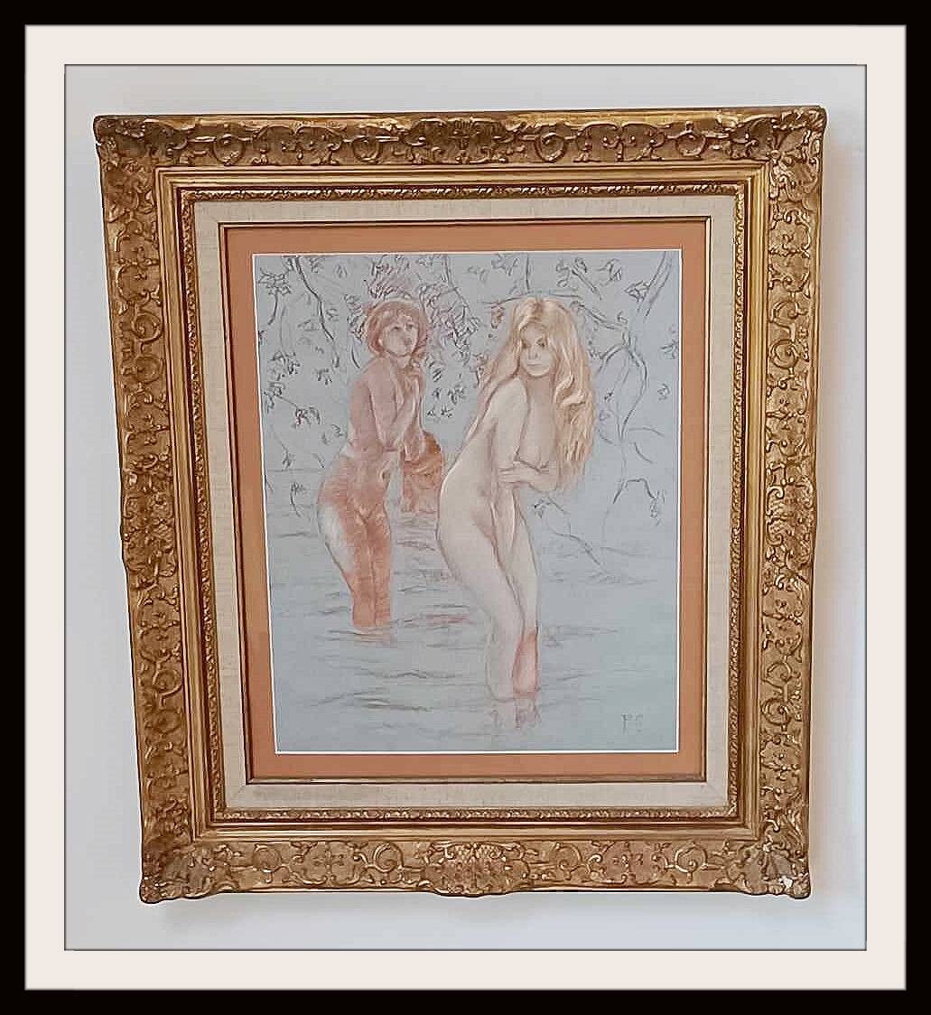 Drawing by Chabas - Two naked women bathing