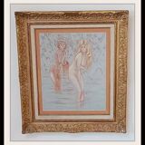 Drawing by Chabas - Two naked women bathing