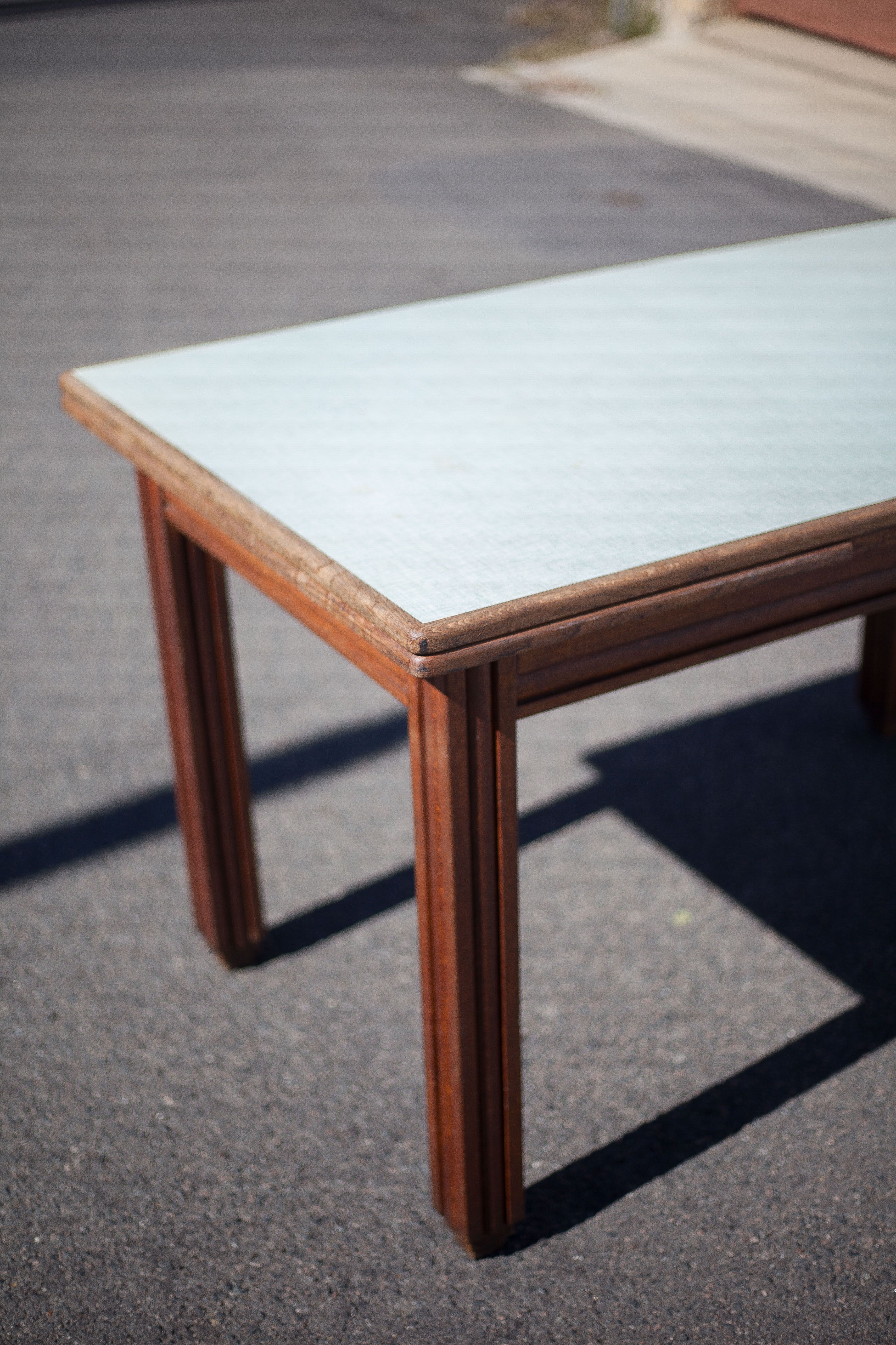 Antique wood table with 4 chairs, wooden table and formica, stepped foot table with extensions, 50's