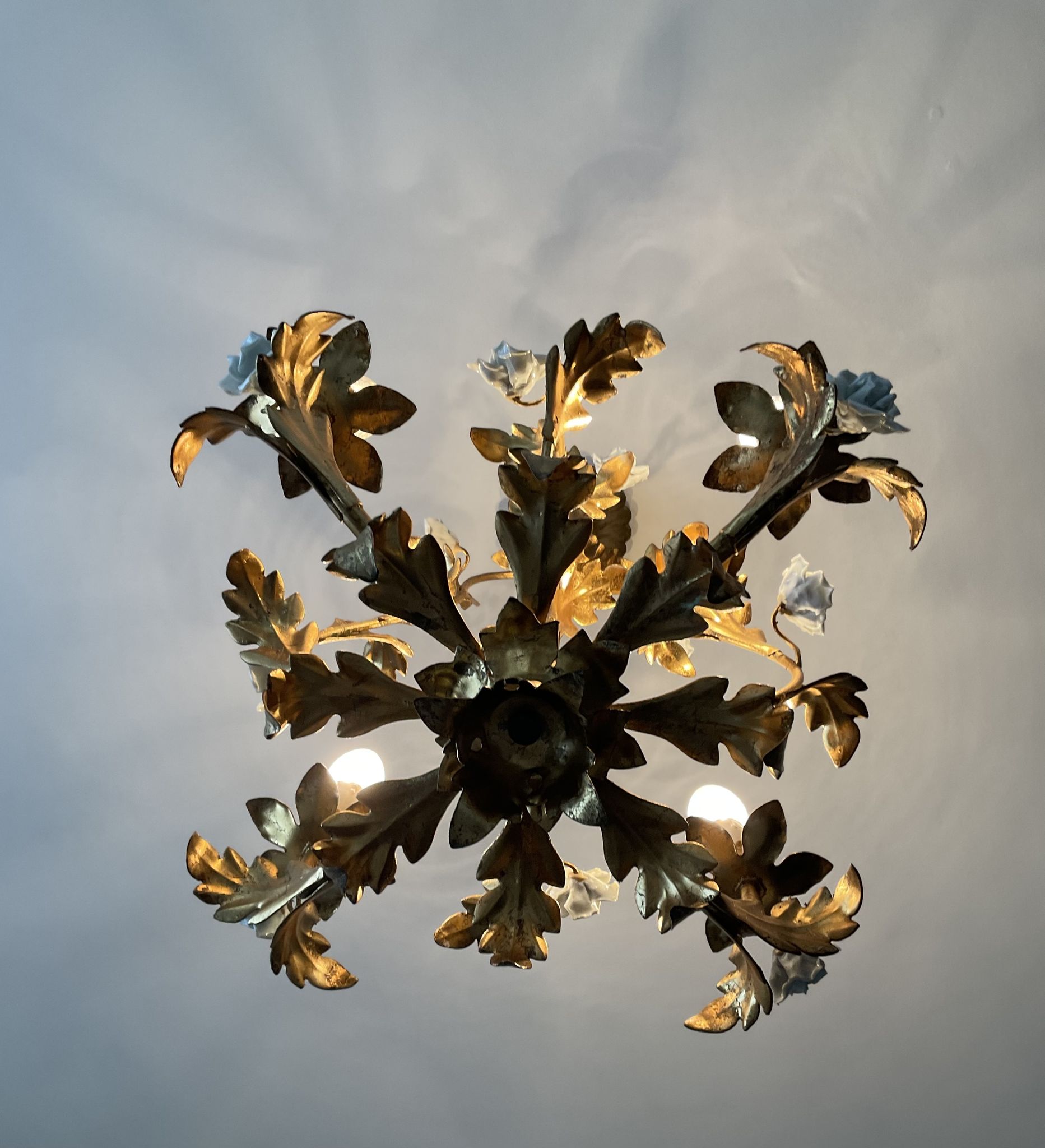 Italian cage chandelier golden leaves and porcelain flowers