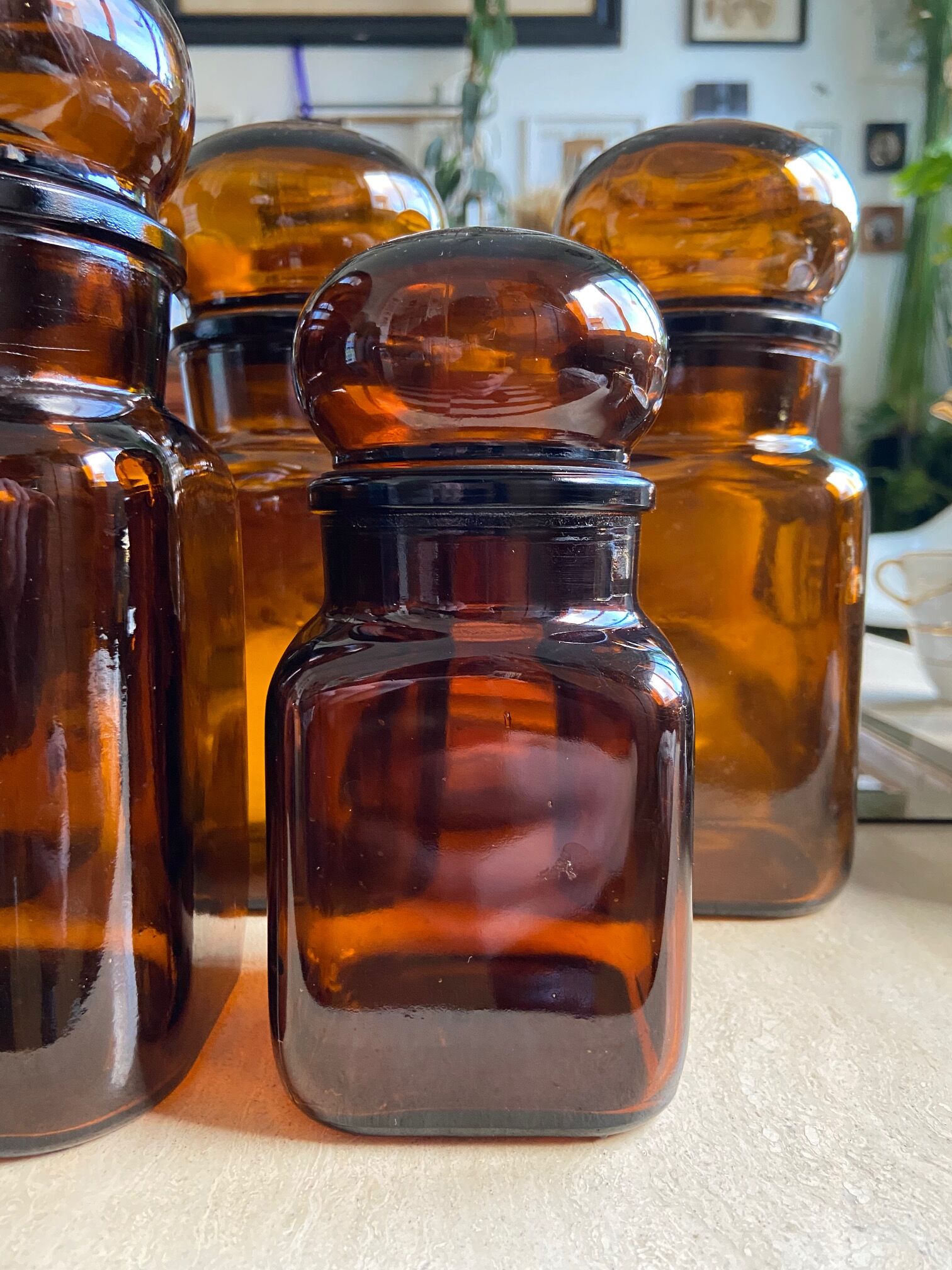 Set of 5 brown glass jars