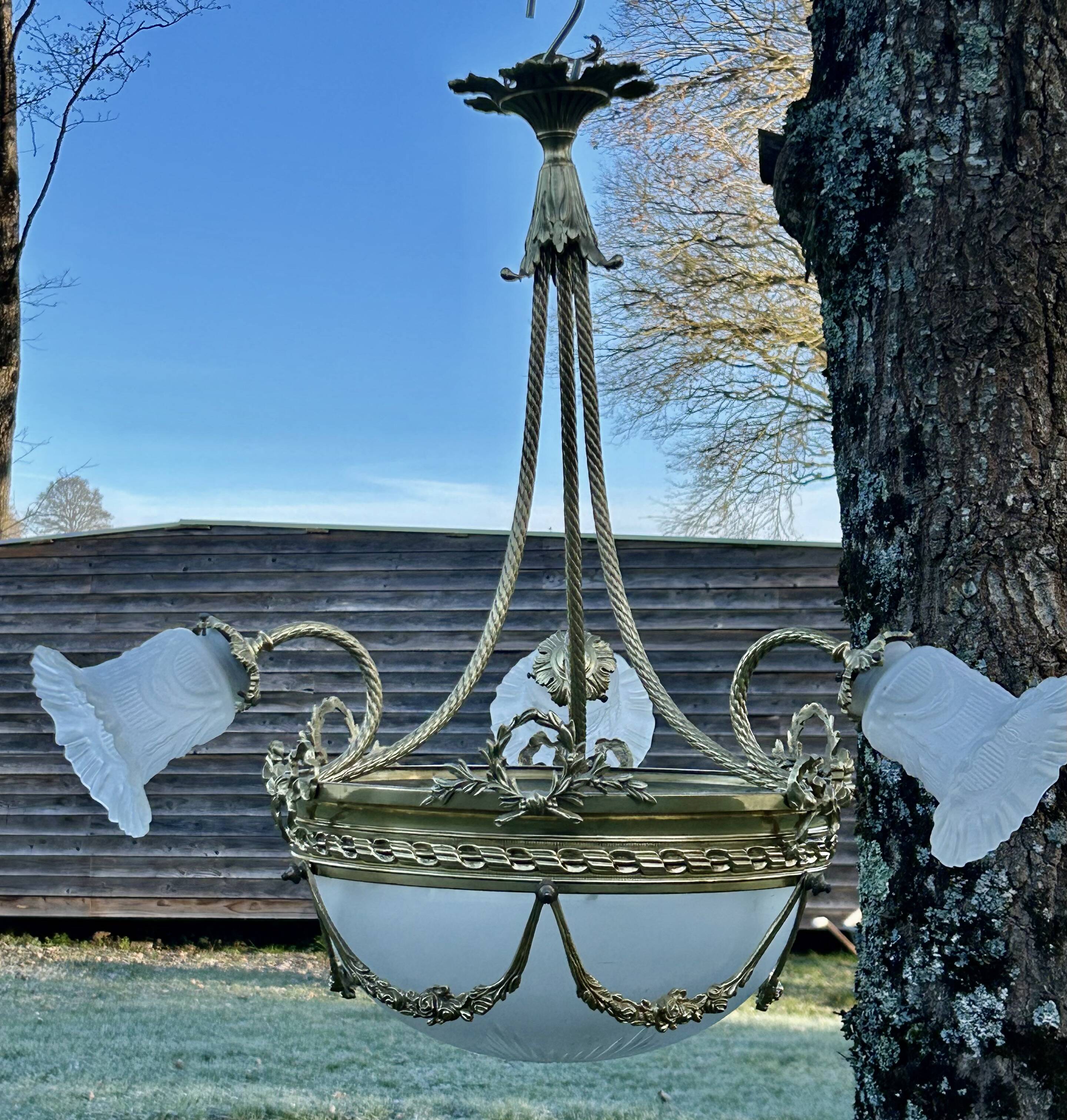 Superbe lustre Bronze Art Déco mélange de style, vers 1930/50, 3 branches 4