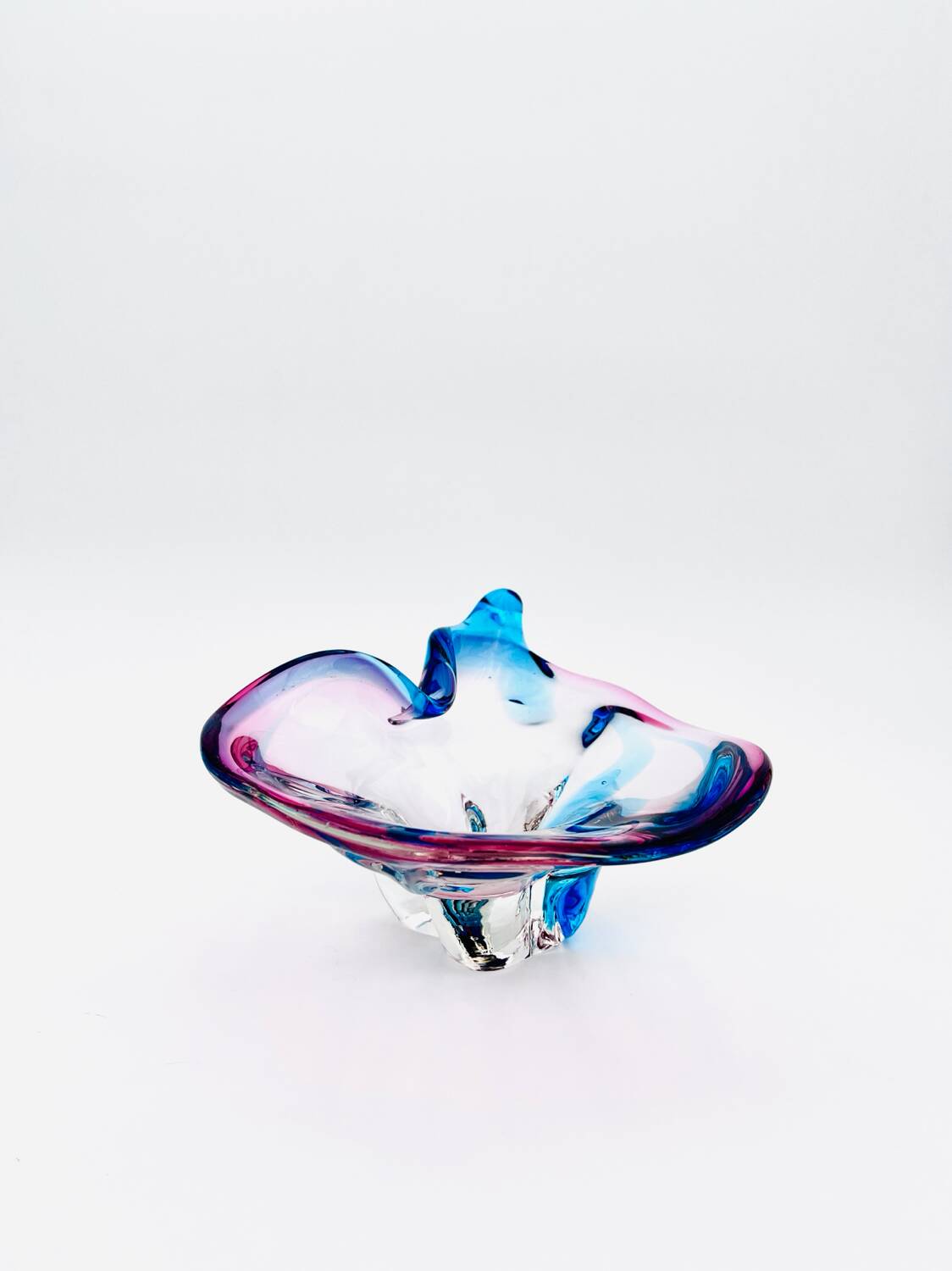 Murano Crystal Sommerso Organic Sculpture Bowl - Blue & Fuchsia