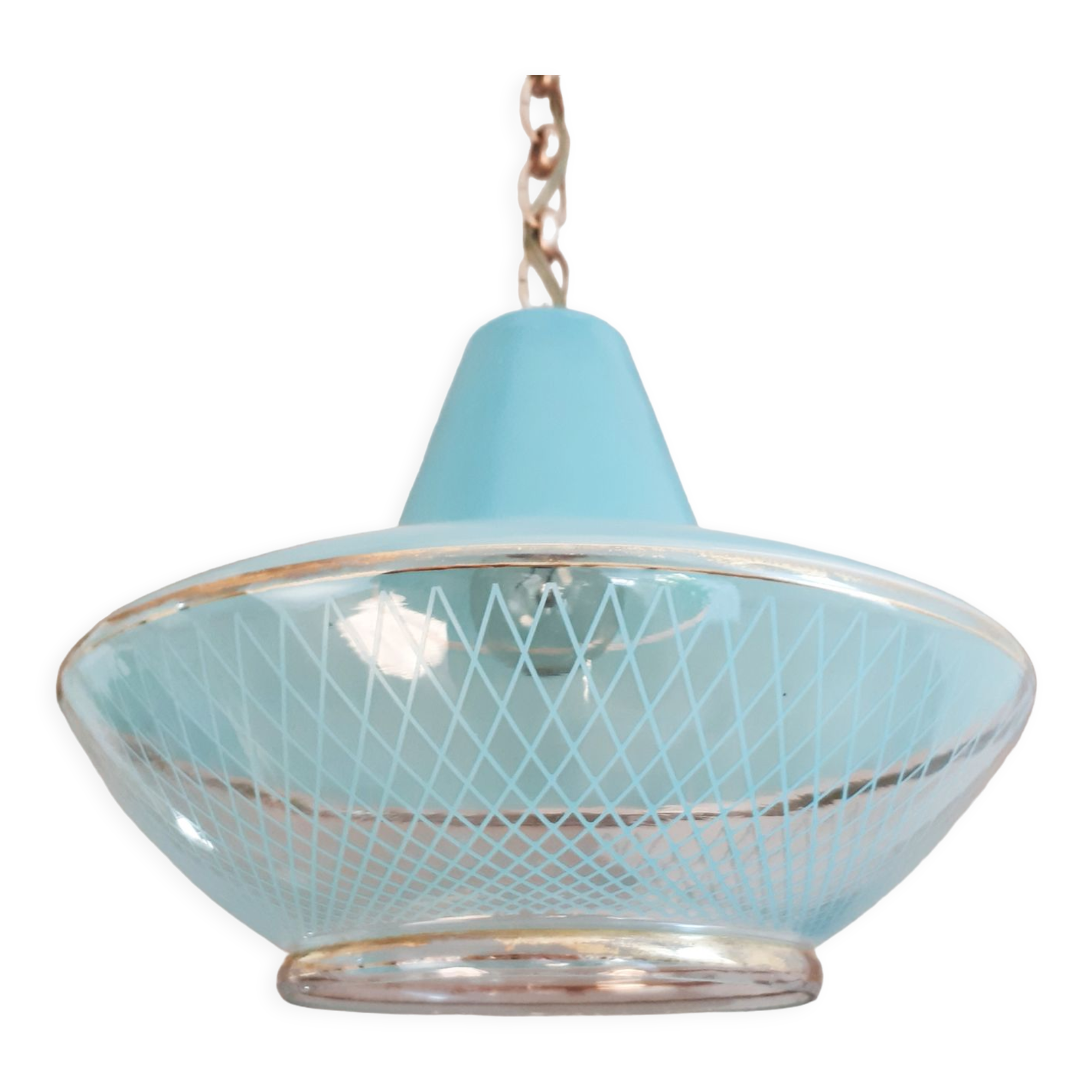 Vintage ceiling lamp suspension in glass, blue, 50s
