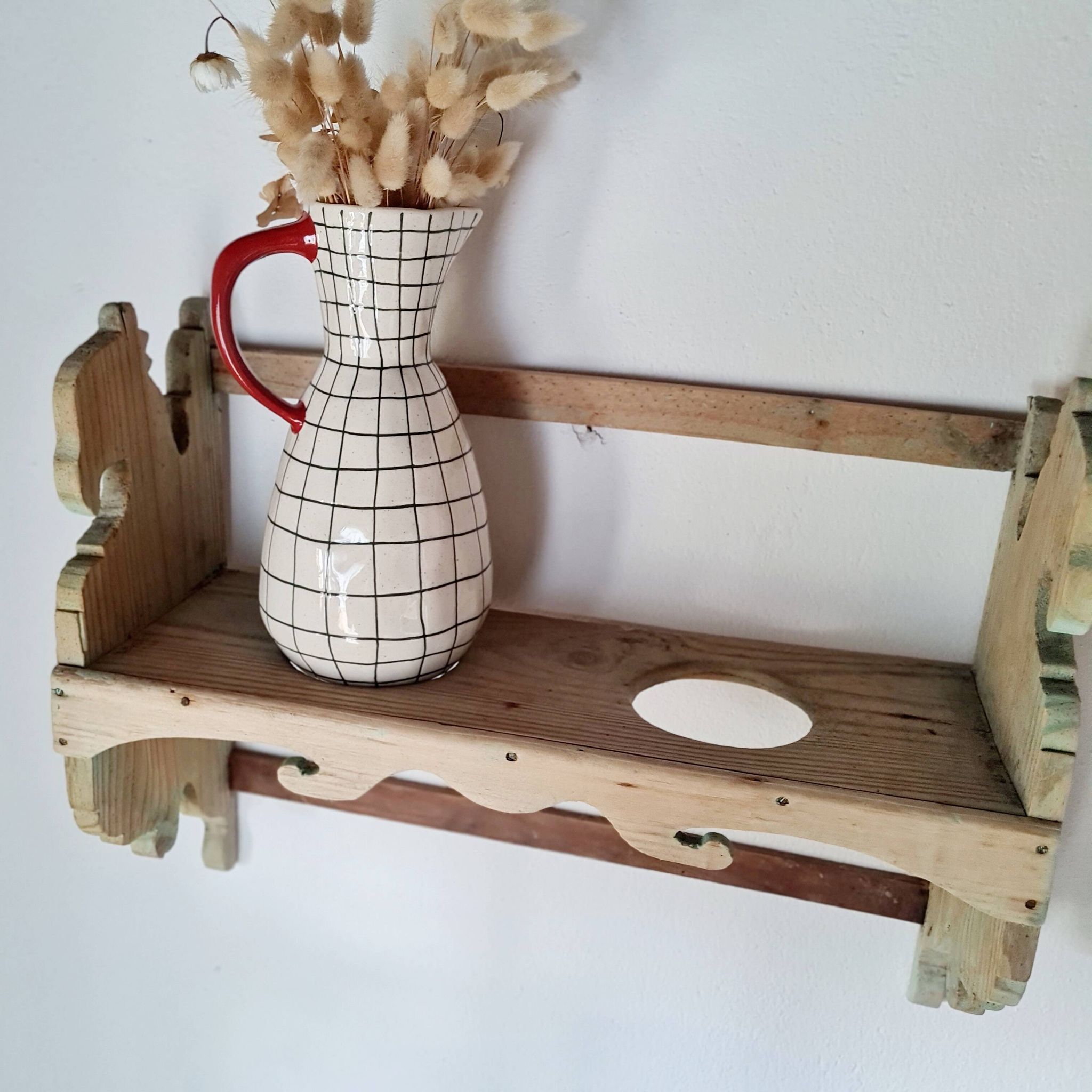Antique wall shelf in raw wood - patinated green