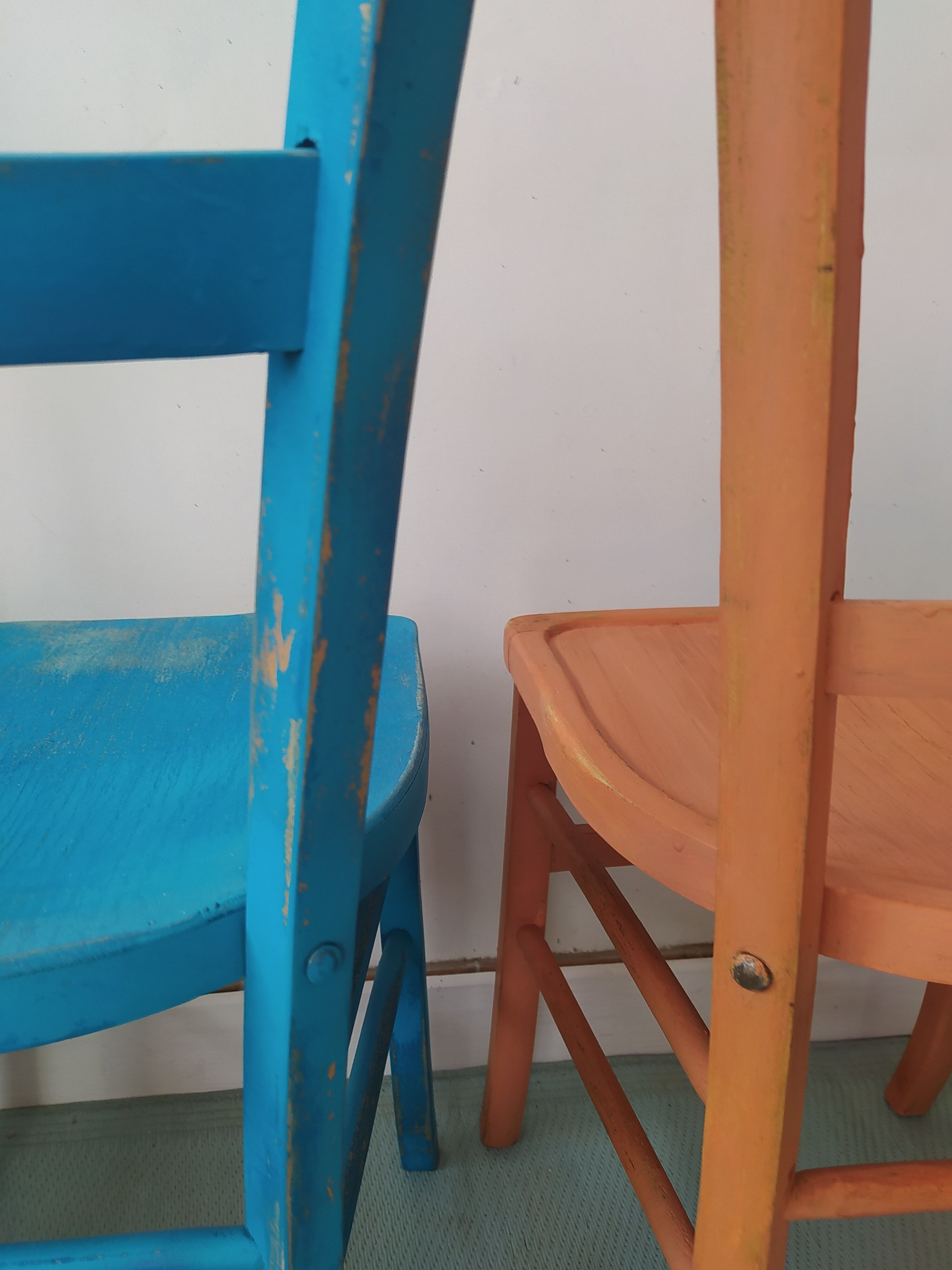 Pair of bistro chairs in patinated wood