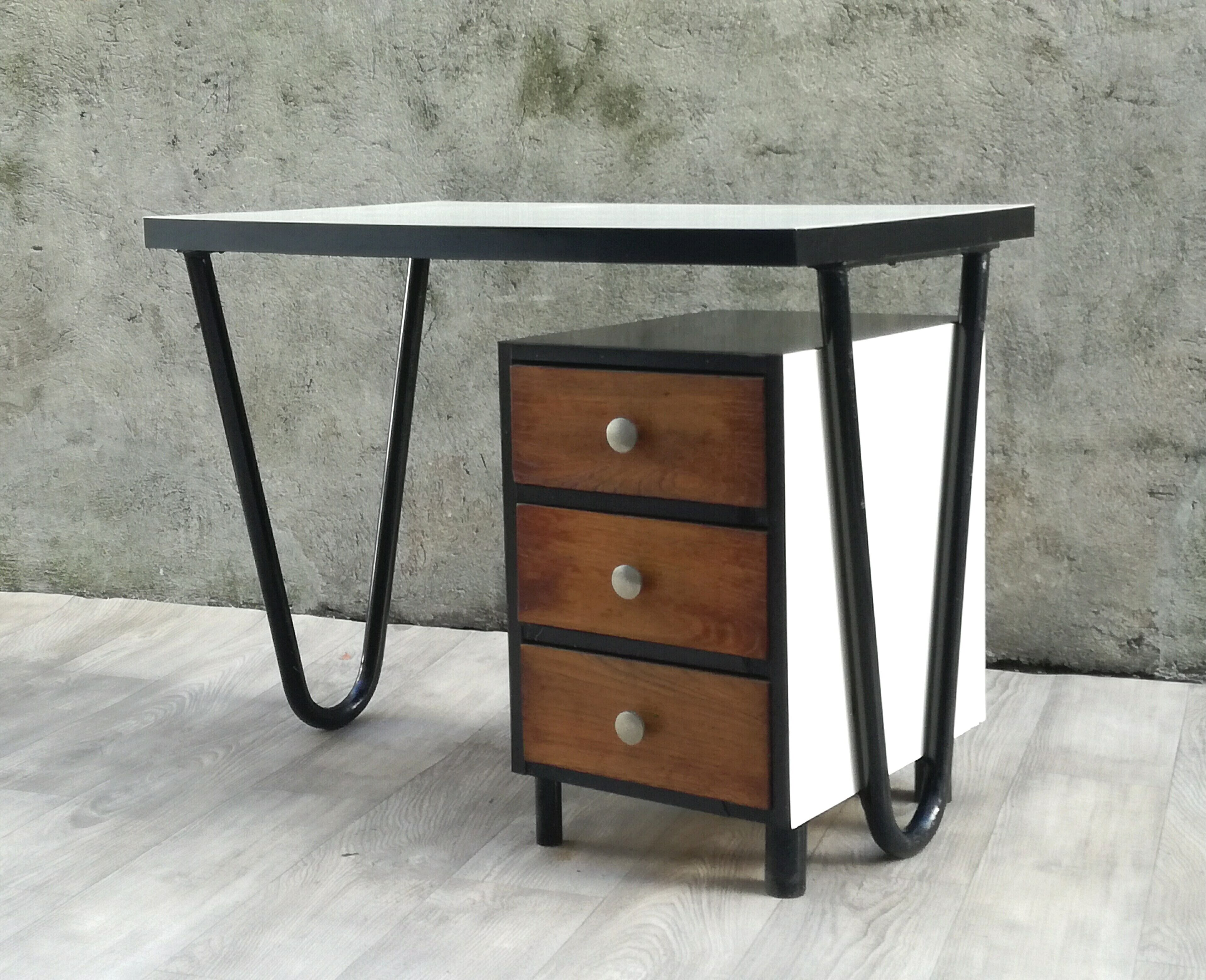 Modernist desk in metal and wood, 1950 s