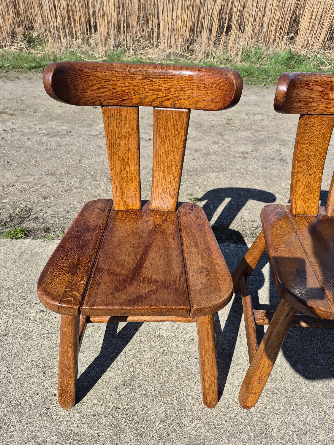 Brutalist set solid oak round dining table 4 chairs Depuydt Belgium