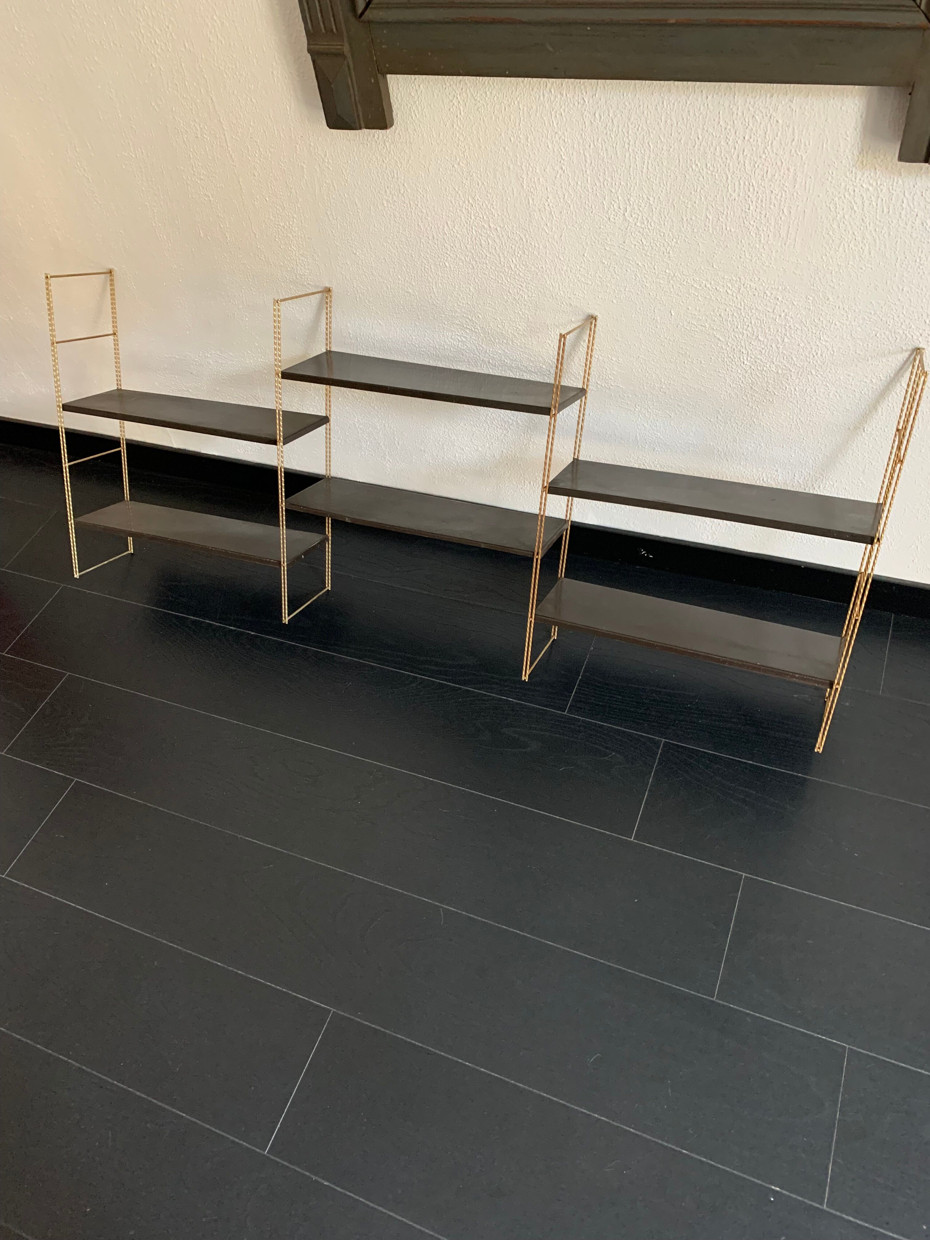 Pair shelves vintage 1960 string chocolate gold - 144 x 58 cm