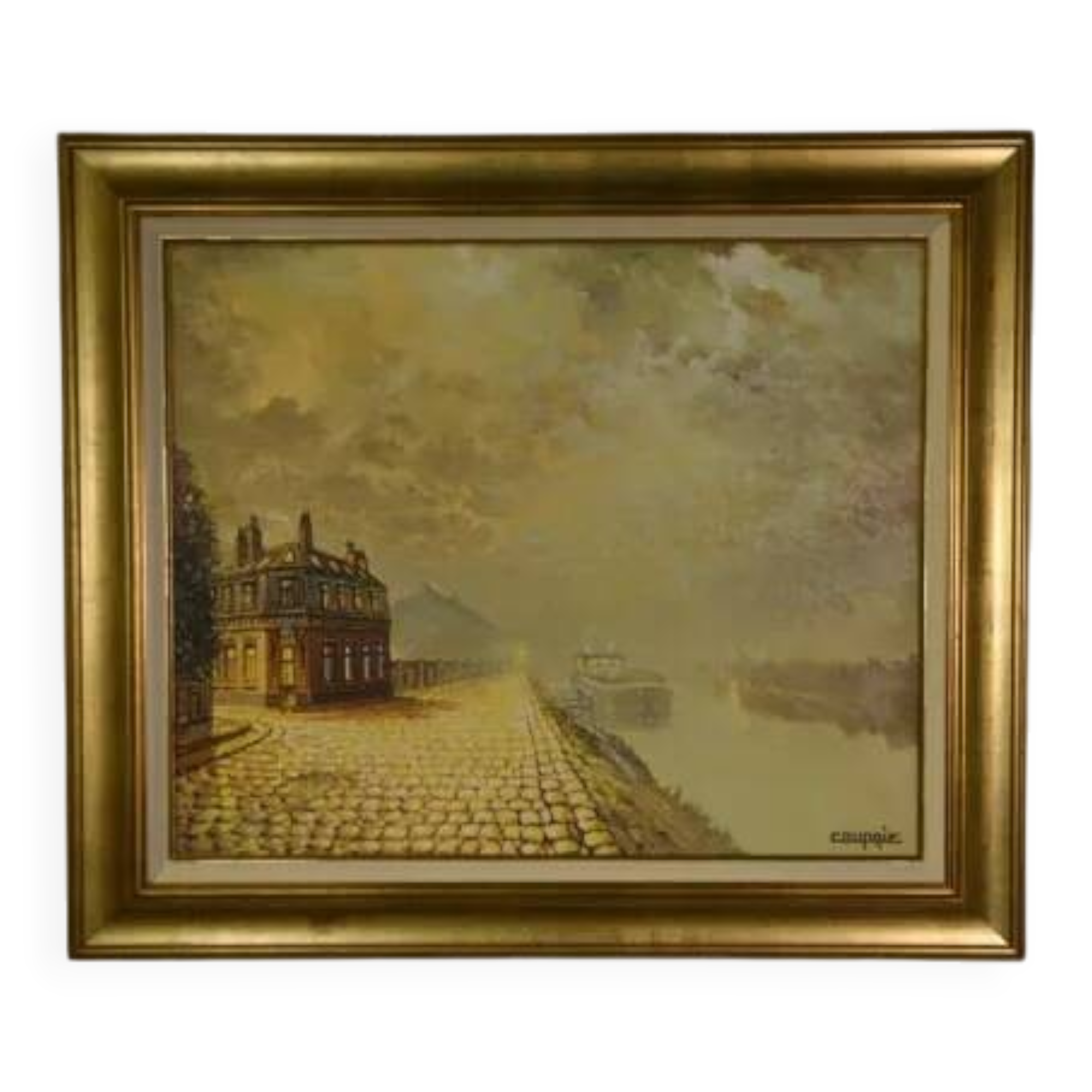 Oil on canvas expressionist figurative painting "Along the Canal" by Jean-Pierre Couprie 1980