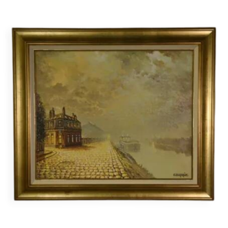 Oil on canvas expressionist figurative painting "Along the Canal" by Jean-Pierre Couprie 1980