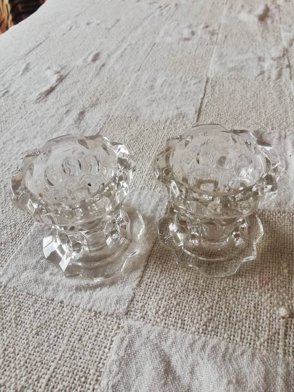 Set of two vintage glass candlesticks, transparent, France, Reims.