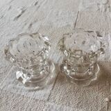 Set of two vintage glass candlesticks, transparent, France, Reims.