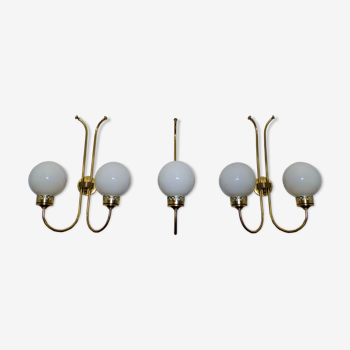 Trio of applique art deco brass and opaline. 1940