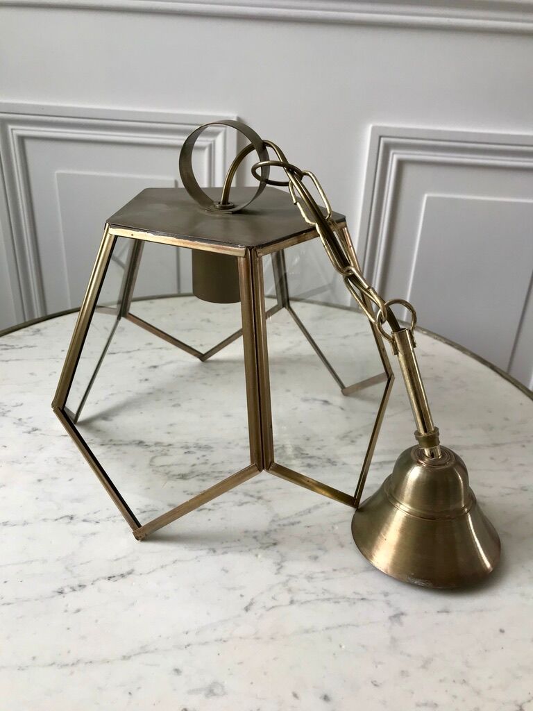 Brass pendant lamp and graphic gilded glass 60s-70s