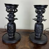 Japan Meiji period: Pair of patinated bronze candlesticks circa 1880