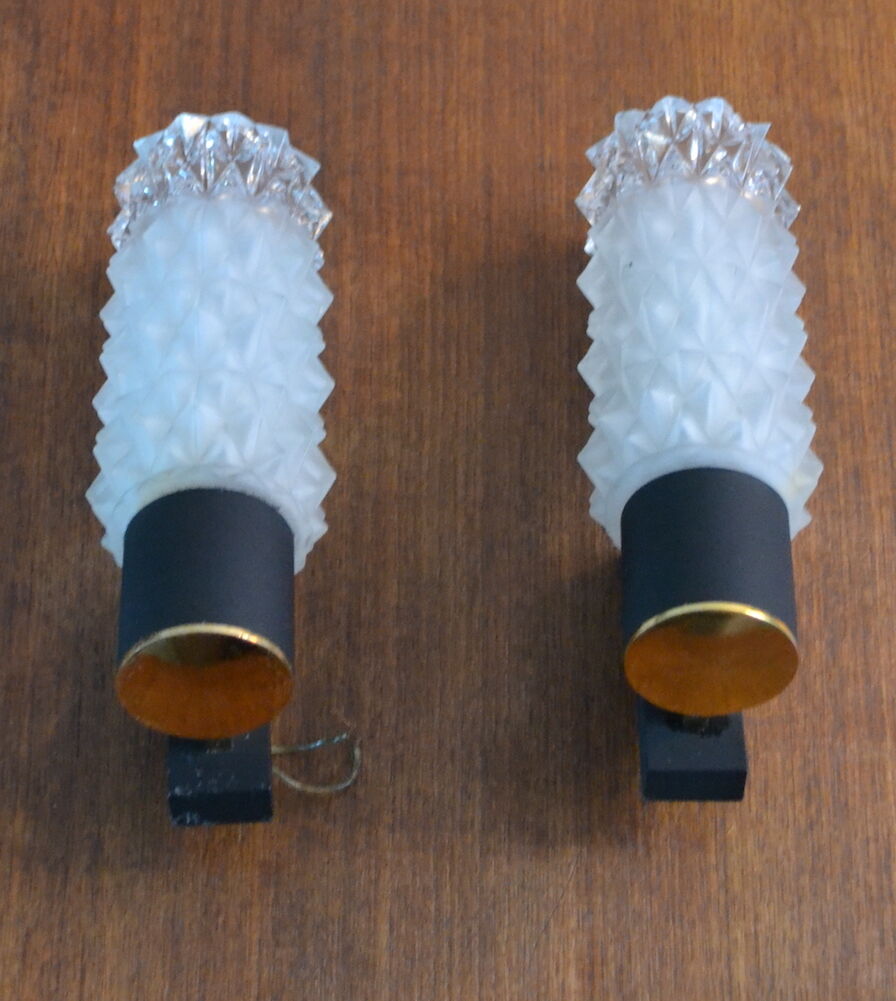 Pair of Arlus sconces with golden brass and glass, 50