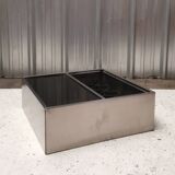 Square stainless steel and glass coffee table, 1970