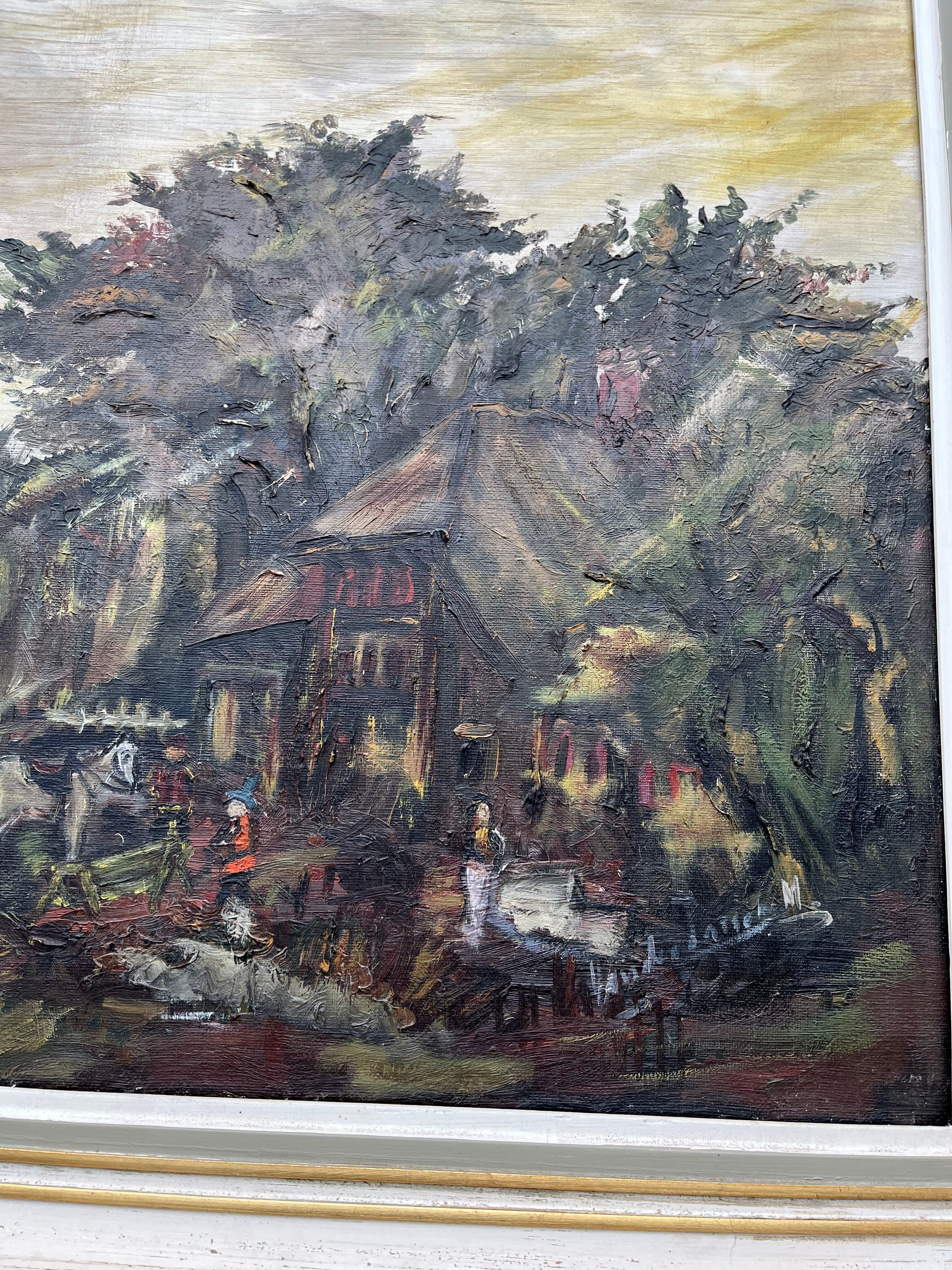 Painting, oil on canvas signed, forest landscape with horsemen