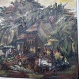 Painting, oil on canvas signed, forest landscape with horsemen