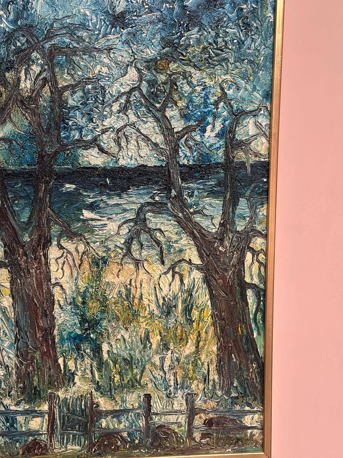 Huile sur toile originale suédoise – « Arbres » par Stig Allan – Vintage et encadrée – 88 × 53 cm (34,6" × 20,9")