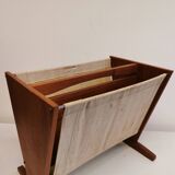 Magazine rack in teak wood with sand-coloured canvas, Danish and from the 1970s.