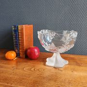 Vintage Frosted Glass Footed Bowl – Relief Decor of Pink Flowers
