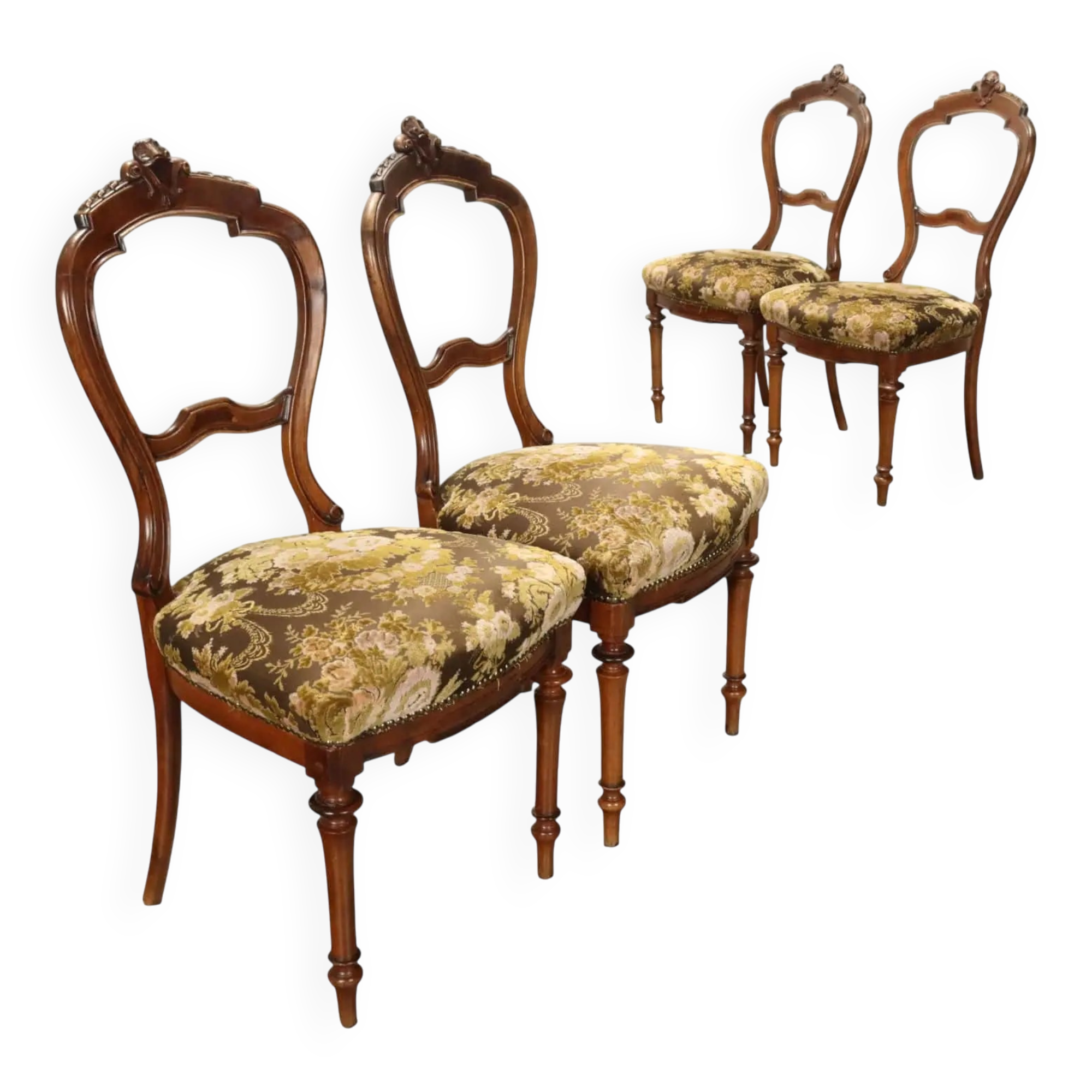 Chaises anciennes en noyer avec assise rembourrée, décoration florale, XIXe siècle