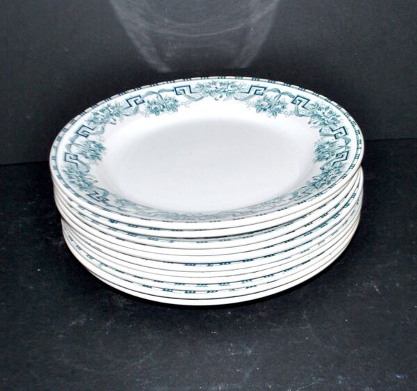 Lot de 11 assiettes plates athènes anciennes en faïence 1900, Moulin des Loups & Hamage