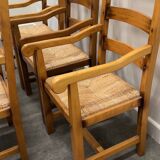 Set of 5 large French oak dining armchairs with rush seats, 1970s