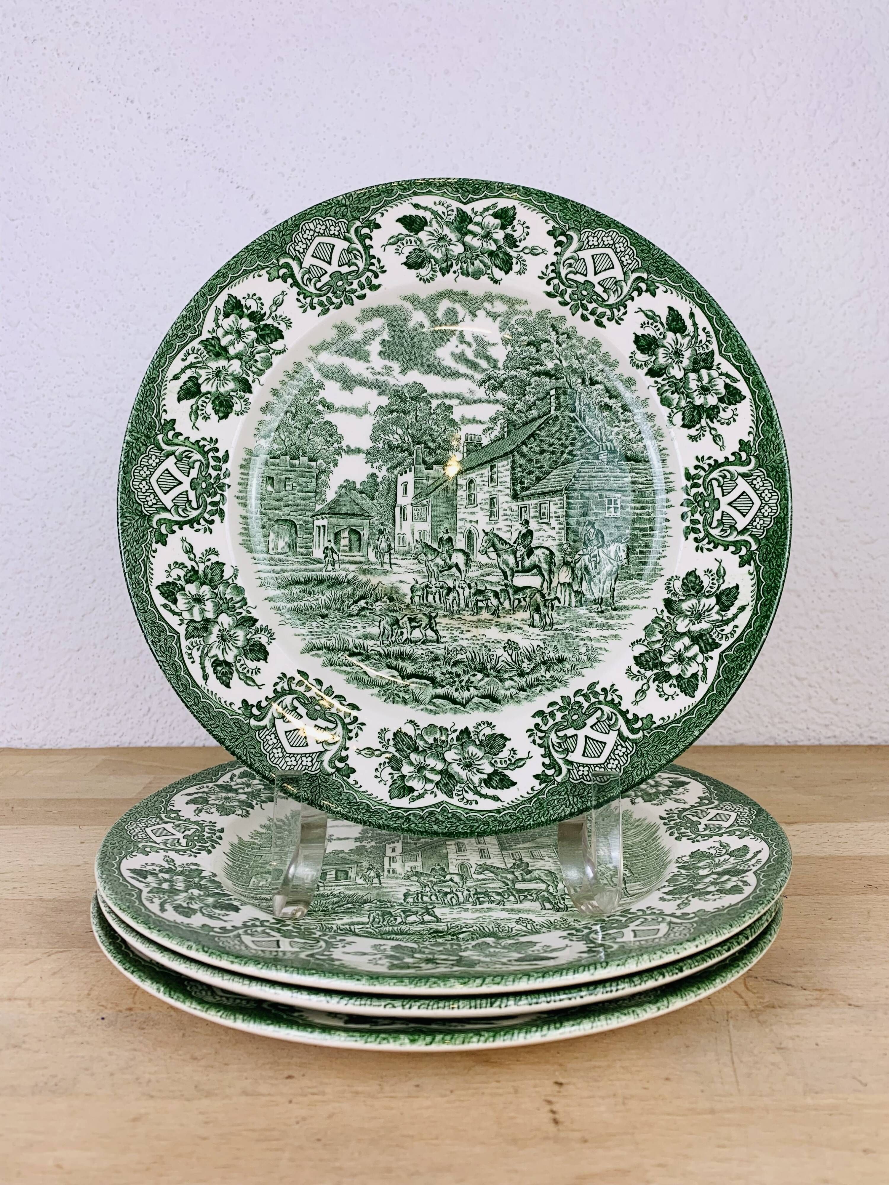 4 plates Green English Iron Earth Staffordshire England ironstone