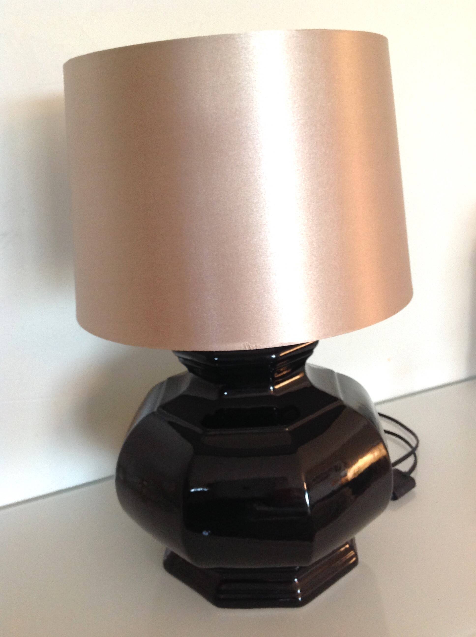 Octagonal black ceramic lamp and gold lampshade / vintage 70s