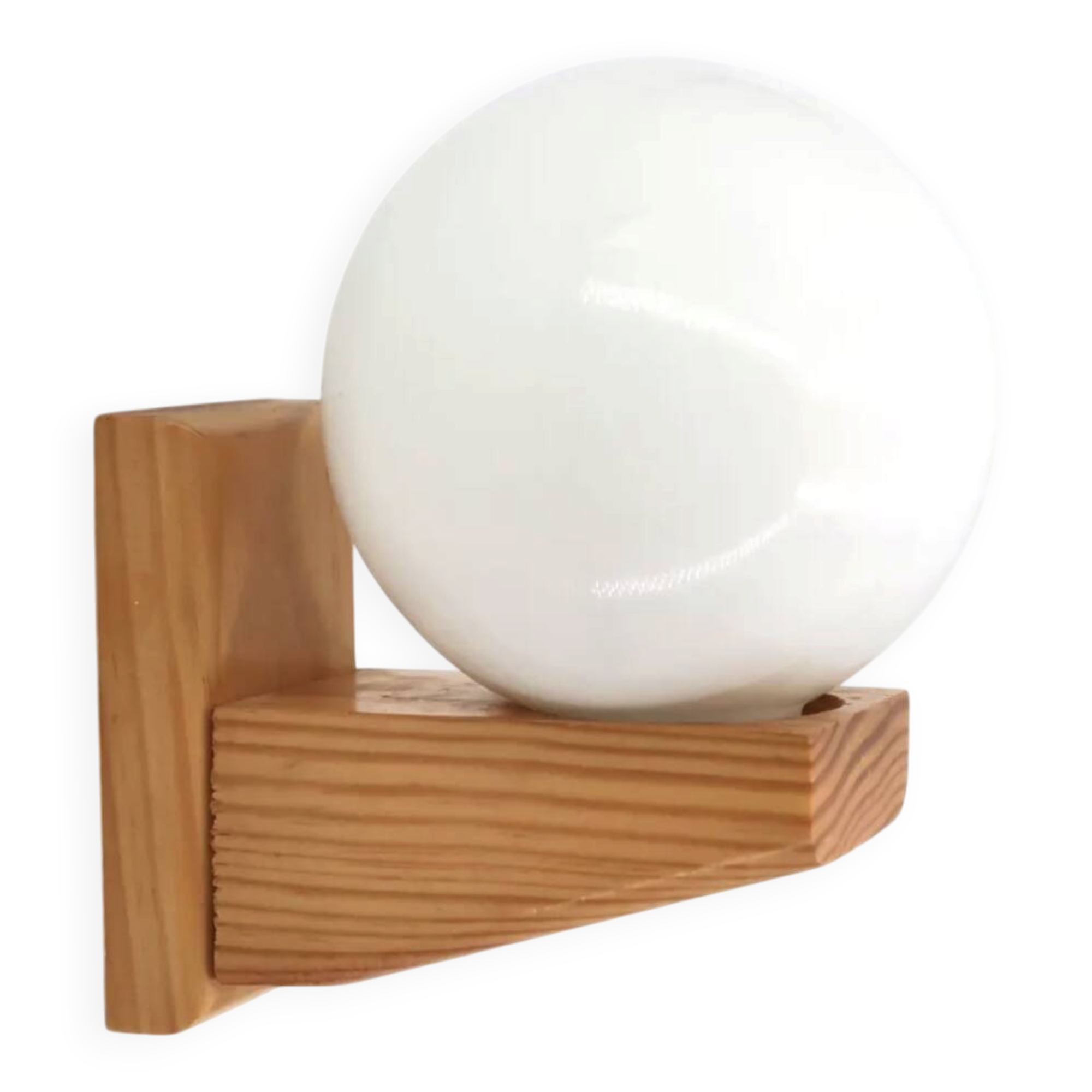 Pine wood wall light with opaque white glass globe, 1980s.