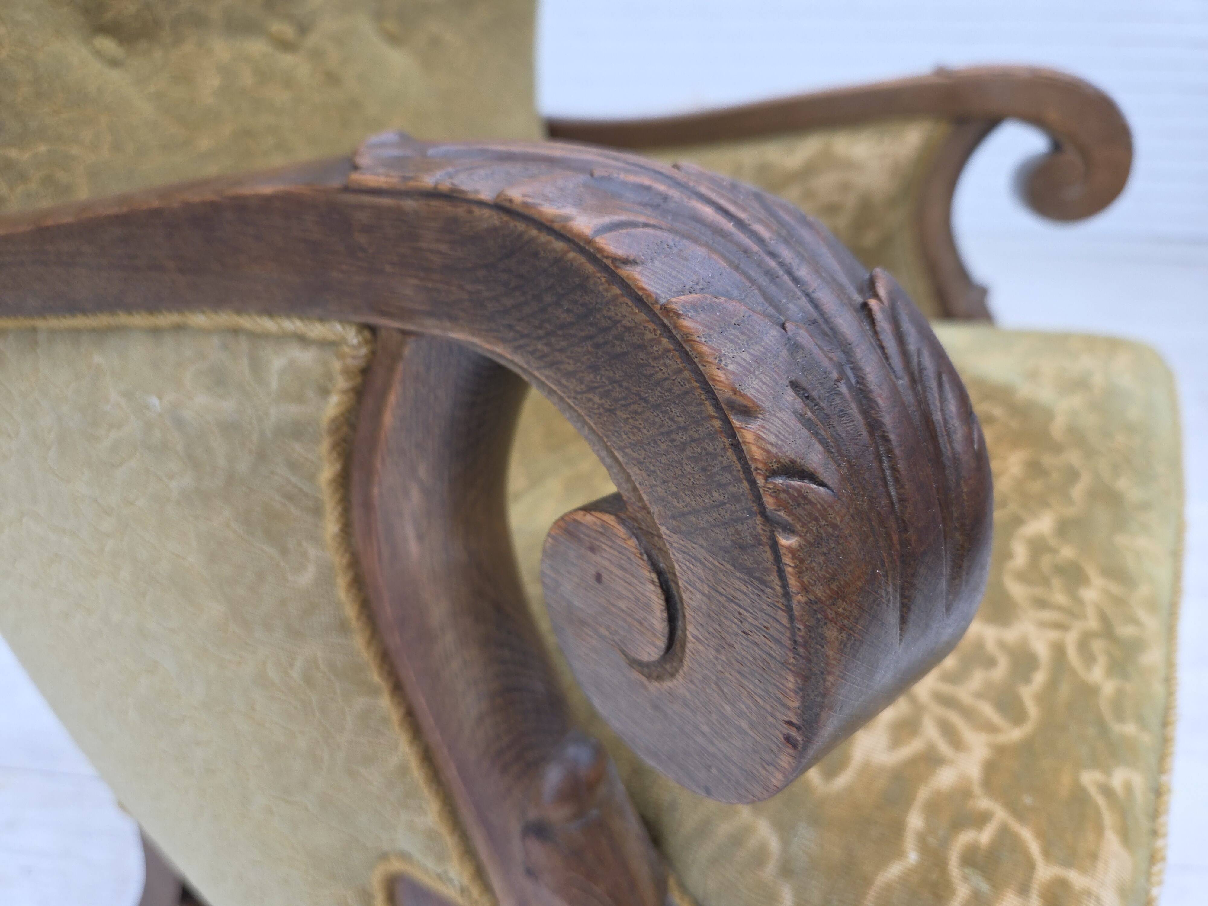 1960s, Danish armchair, furniture cotton/wool fabric, solid oak wood.