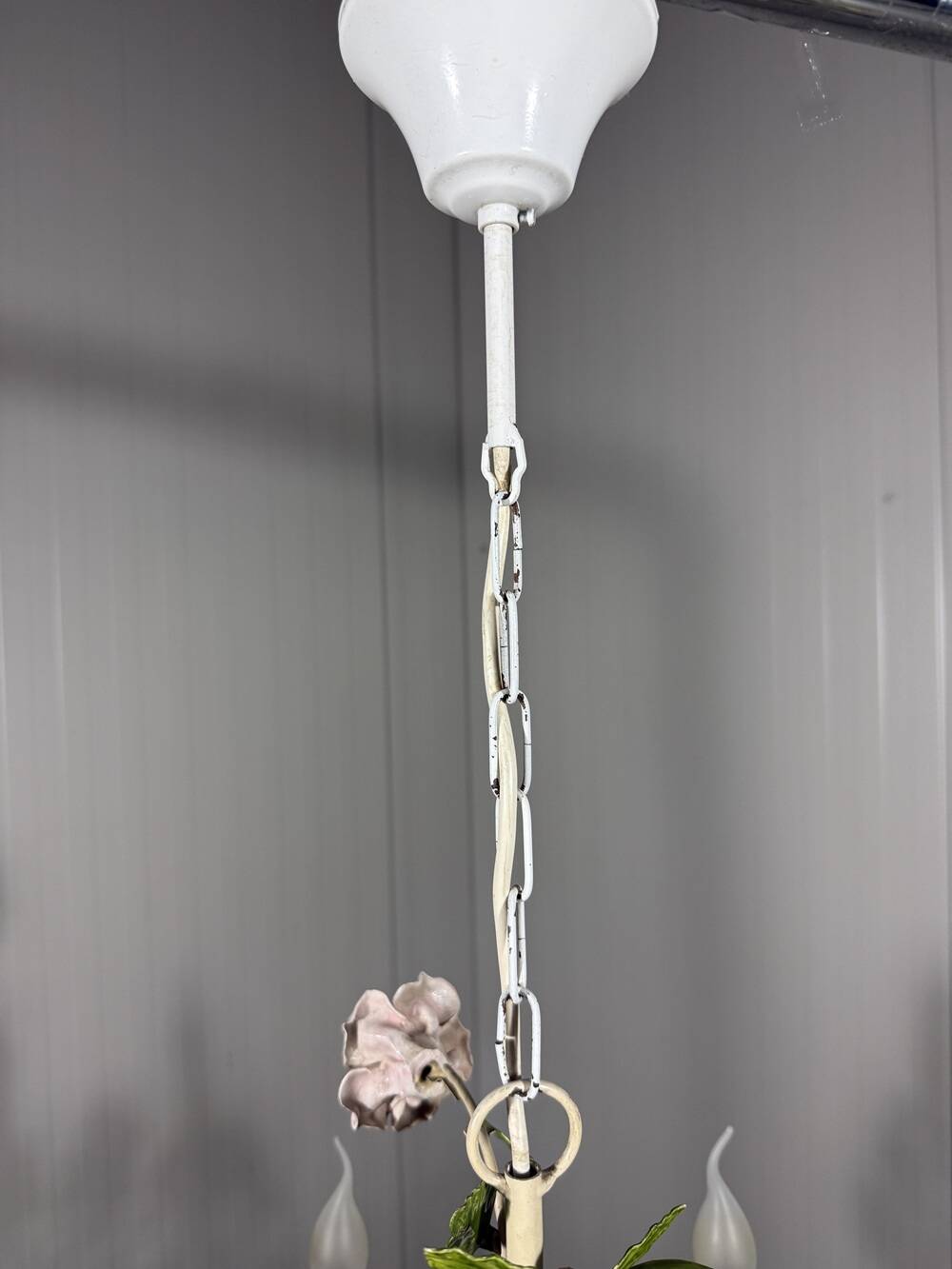 Italian tole chandelier porcelain flowers 1950’s