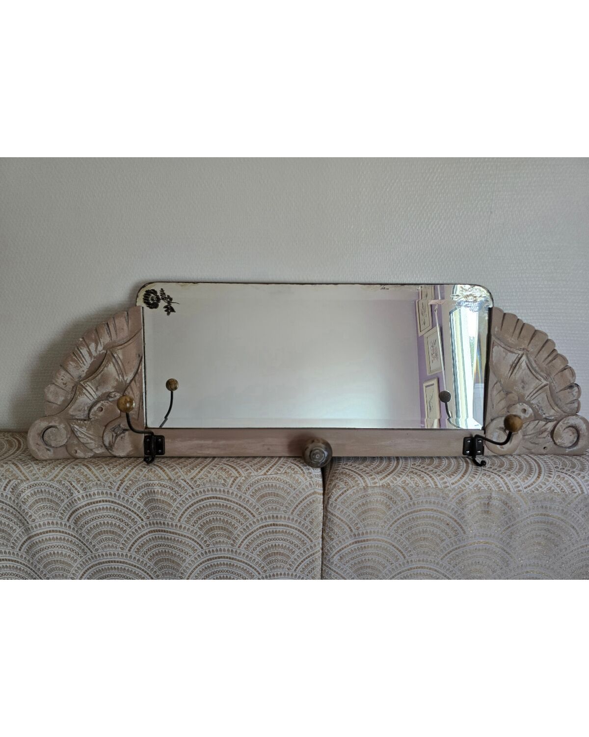 Art Deco wall coat rack with 3 hooks and a mirror.