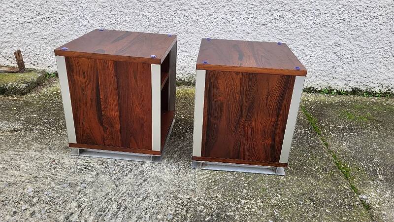 Vintage aluminium and wood bedside tables.