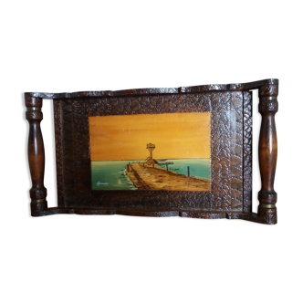 Tray signed Boli alias Louis Bollinger pyroengraved watercolor decoration Noirmoutier