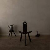 Spanish brutalist tripod chair in carved solid wood