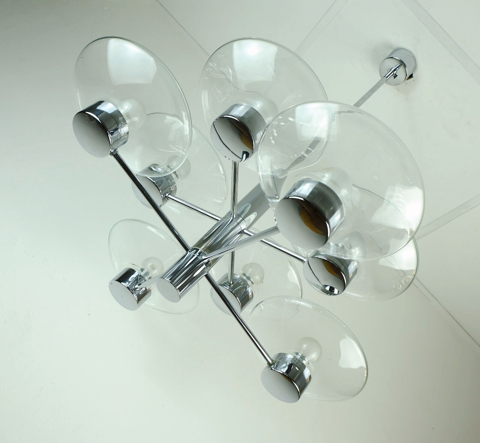 1970s kaiser 8-light PENDANT LIGHT chandelier chrom and clear glass