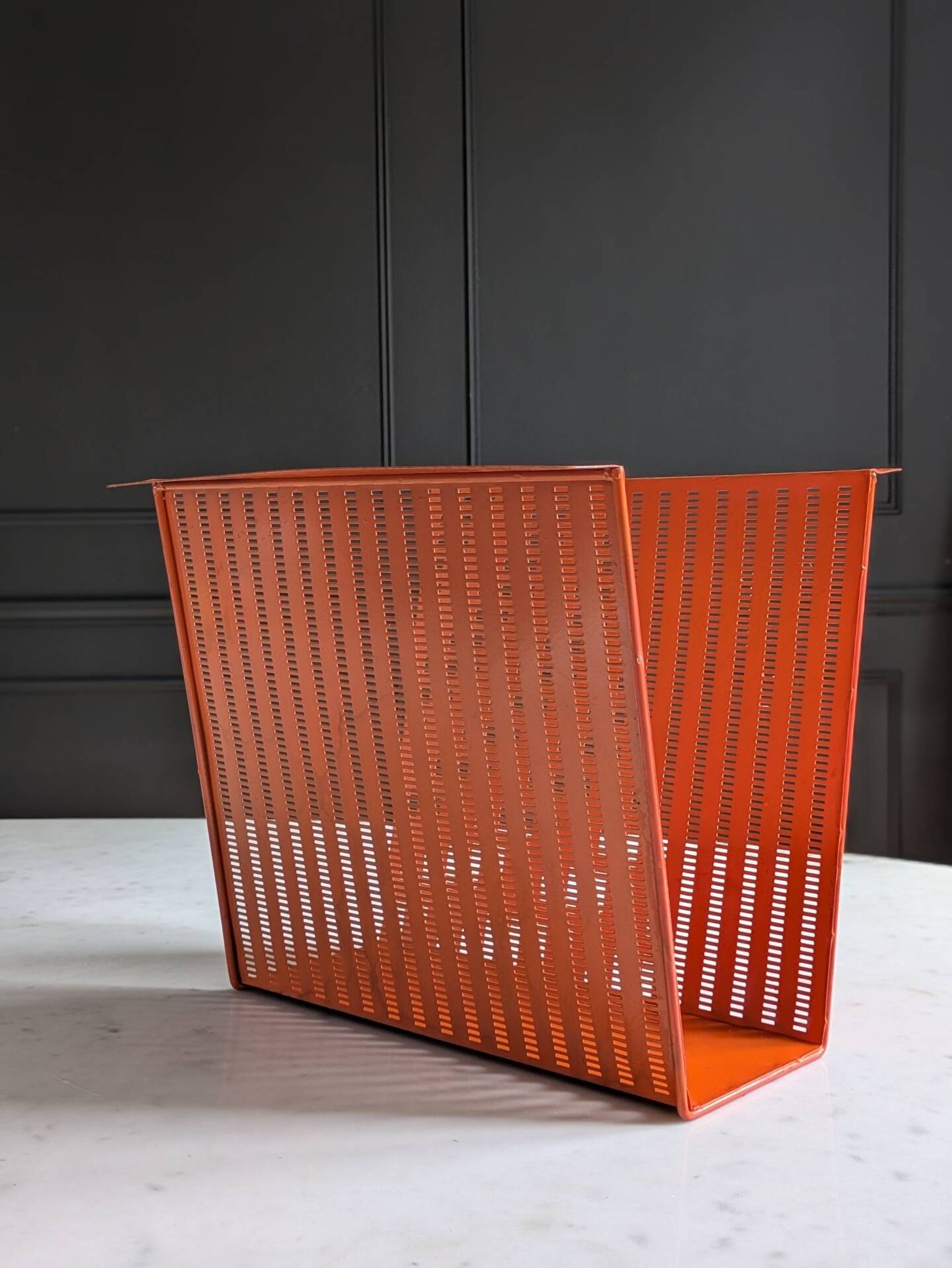 Vintage metal magazine rack in perforated orange/Mathieu Mategot style/70s