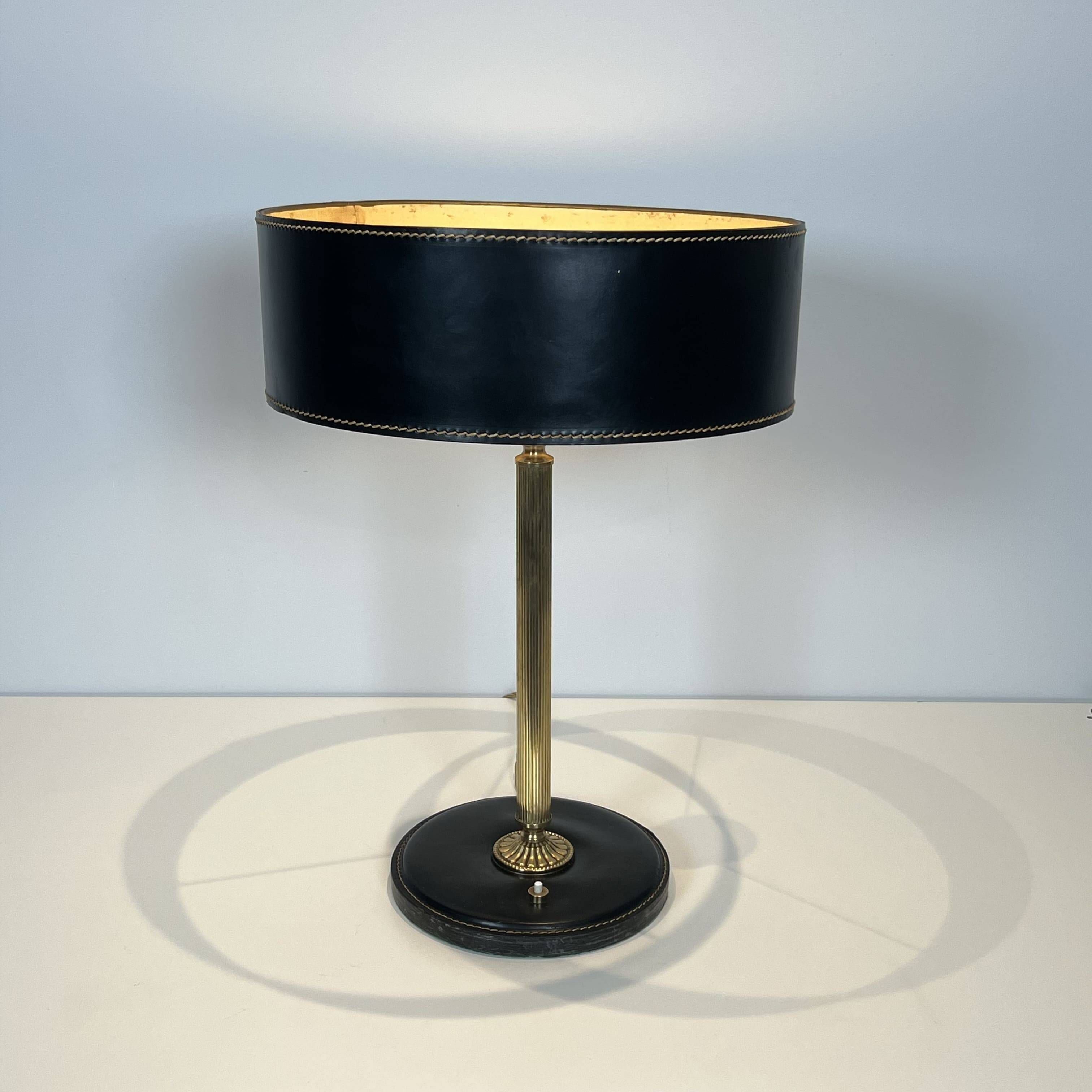 Black Quilted Leather Table Lamp and Golden Brass. French Craftsmanship.