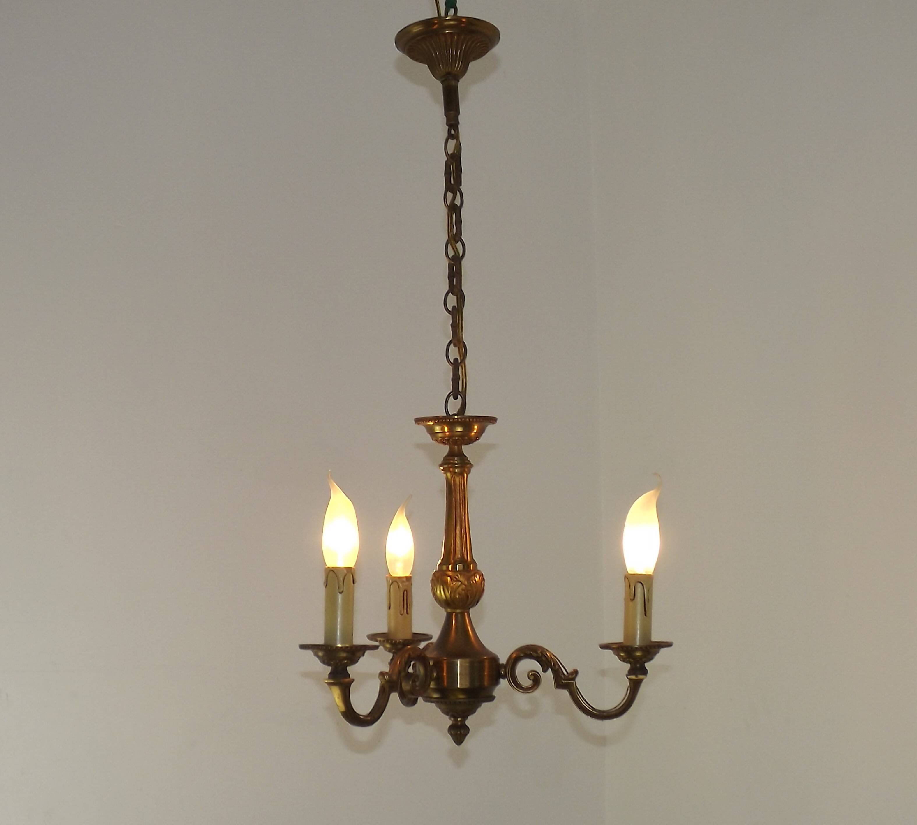 Art Nouveau bronze chandelier with 3 lights, France