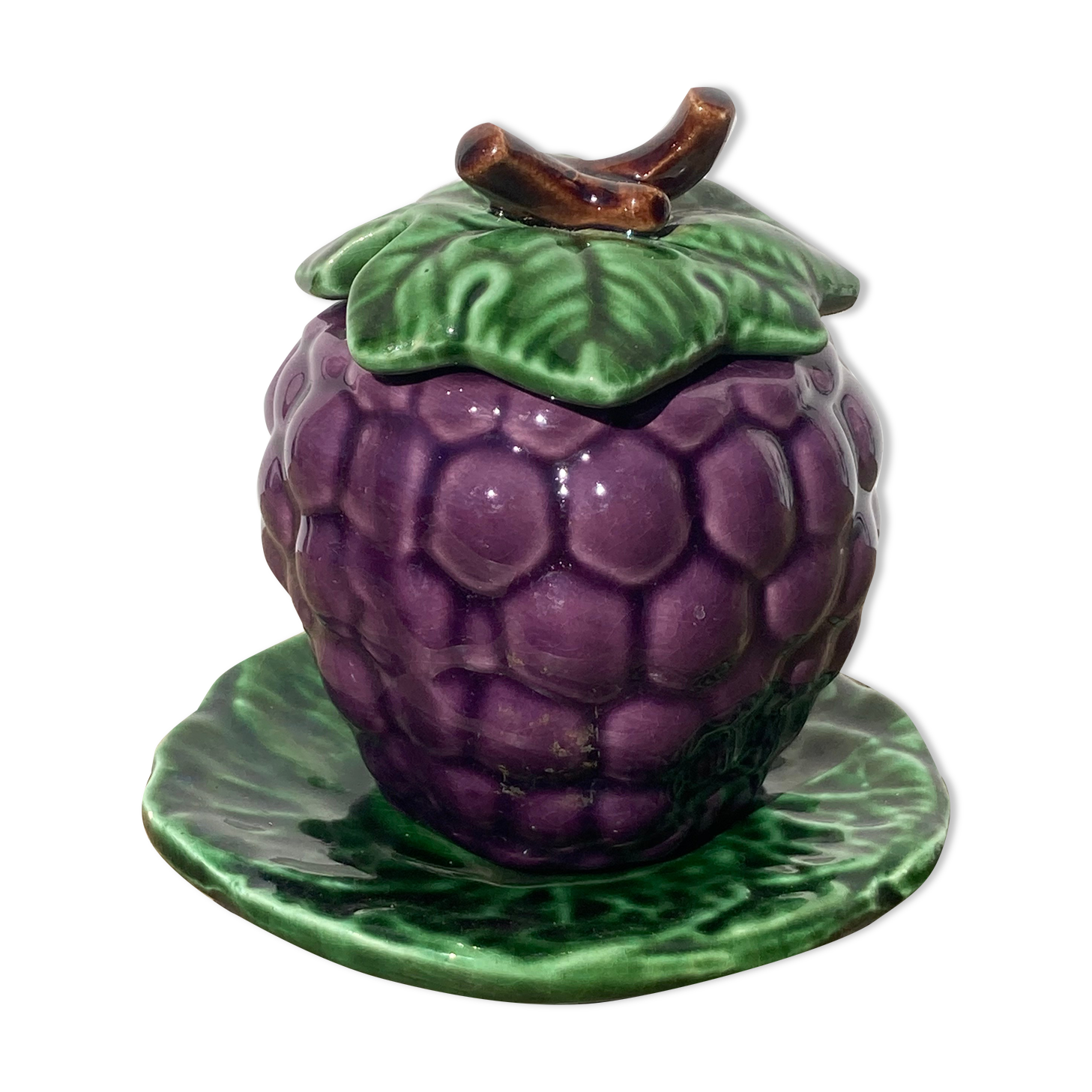 Sweet in Grape Slip or vintage jam maker, green and purple earthenware ceramics