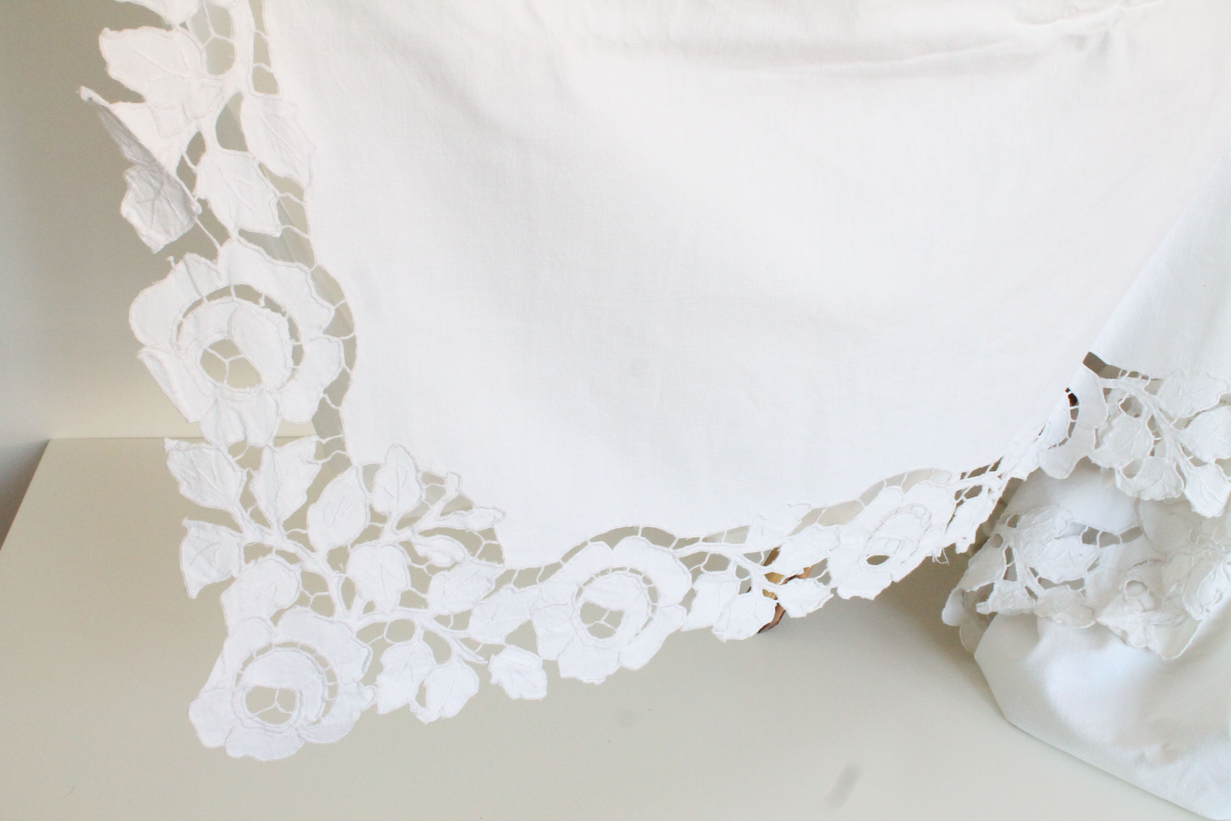 Antique cotton and linen sheet, flower embroidery, rare, 190 x 190