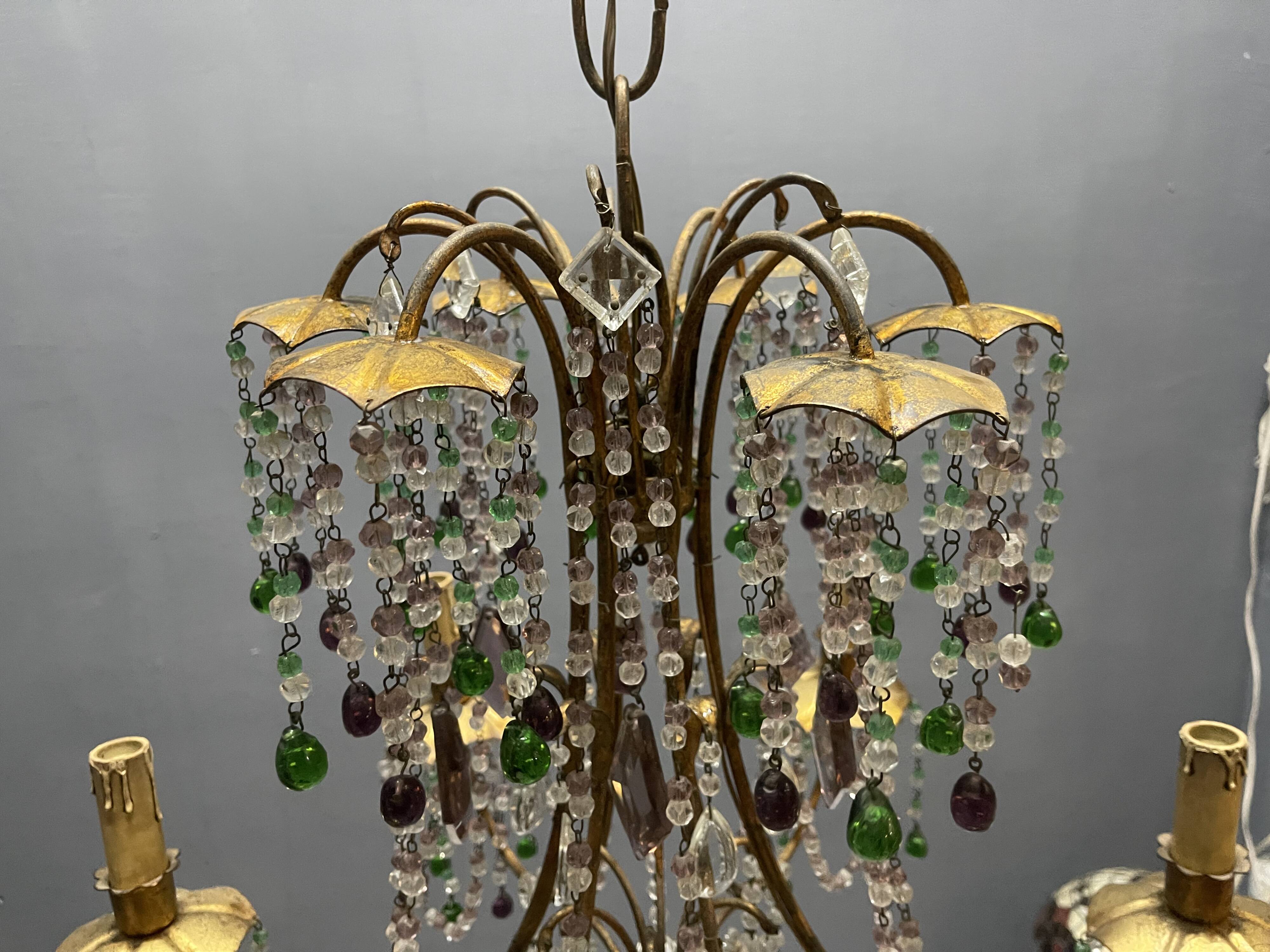 Chandelier en verre de Murano perlé doré en tole florentine italienne des années 1950 à 6 lumières